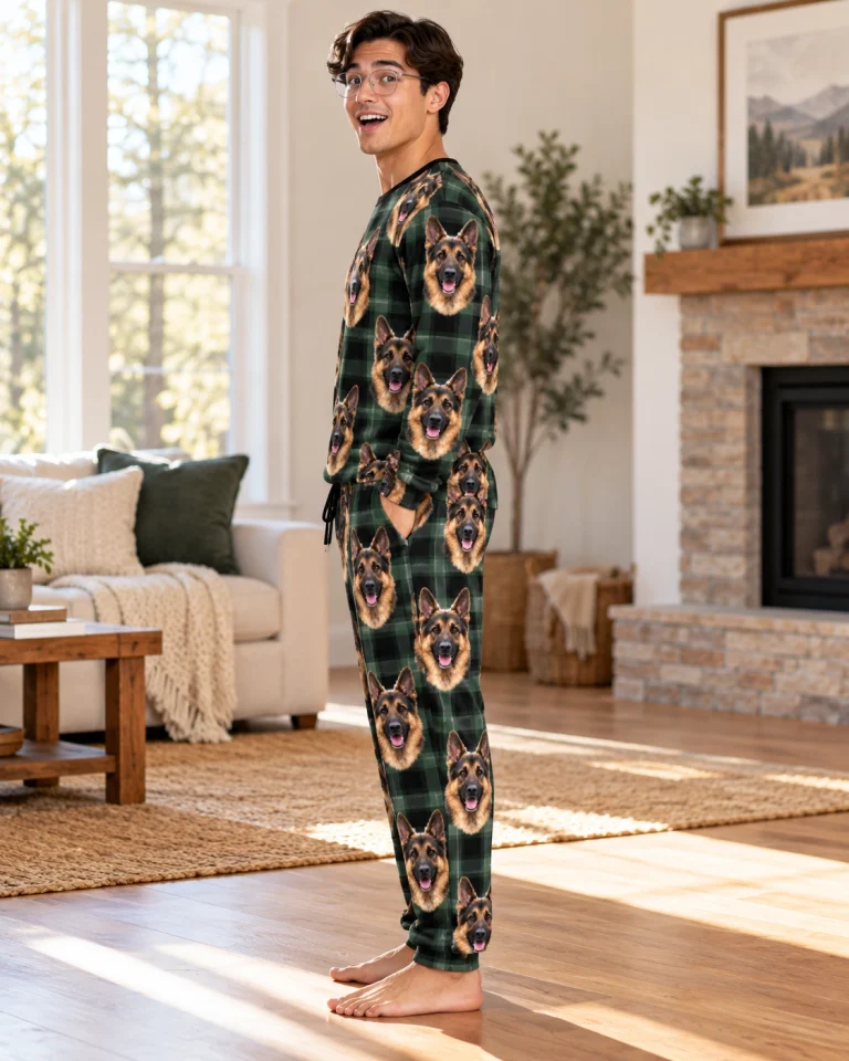 Back view of a German shepherd pajama set: the print continues all the way round — MyDogPics
