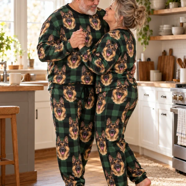 Man and his friends in matching German shepherd pajama set with black-and-tan German Shepherd faces — MyDogPics