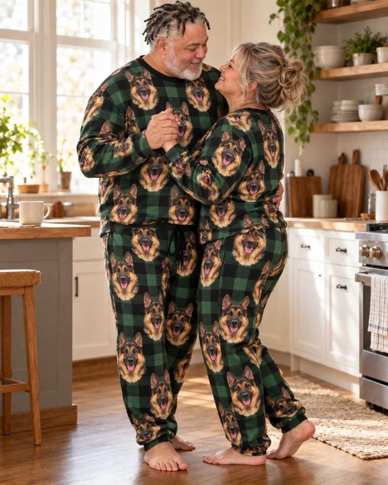 Man and his friends in matching German shepherd pajama set with black-and-tan German Shepherd faces — MyDogPics