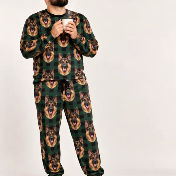 Man wearing a German shepherd pajama set covered in black-and-tan German Shepherd faces on green plaid fabric — MyDogPics