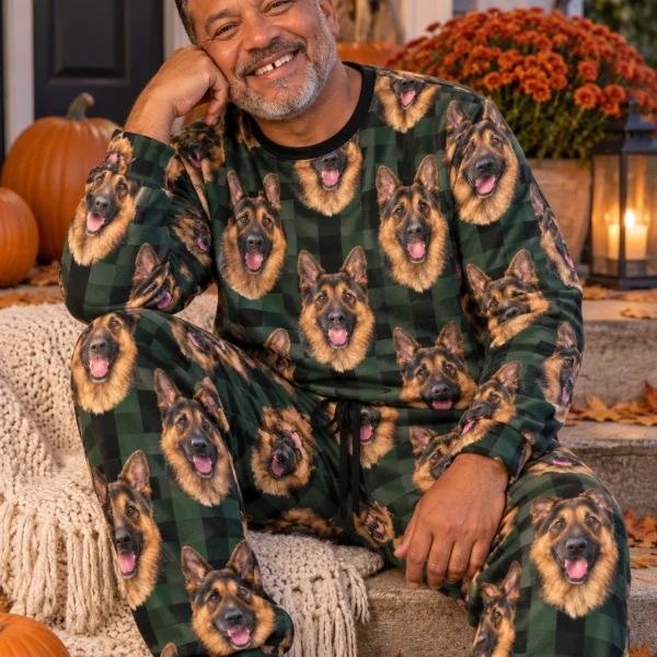 Man sitting in a German shepherd pajama set covered in black-and-tan German Shepherd faces — MyDogPics