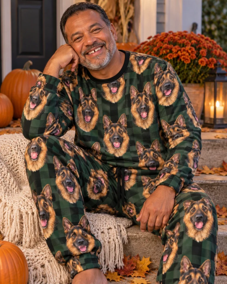 Man sitting in a German shepherd pajama set covered in black-and-tan German Shepherd faces — MyDogPics