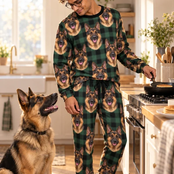 Man in a German shepherd pajama set with his German Shepherd — MyDogPics