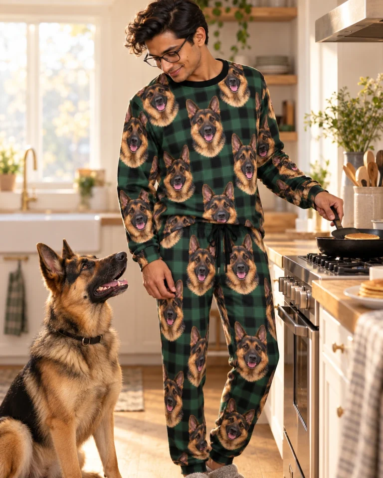 Man in a German shepherd pajama set with his German Shepherd — MyDogPics