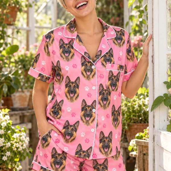 Woman posing in a German shepherd pajama short set, black-and-tan German Shepherd faces on pink paw-print satin — MyDogPics