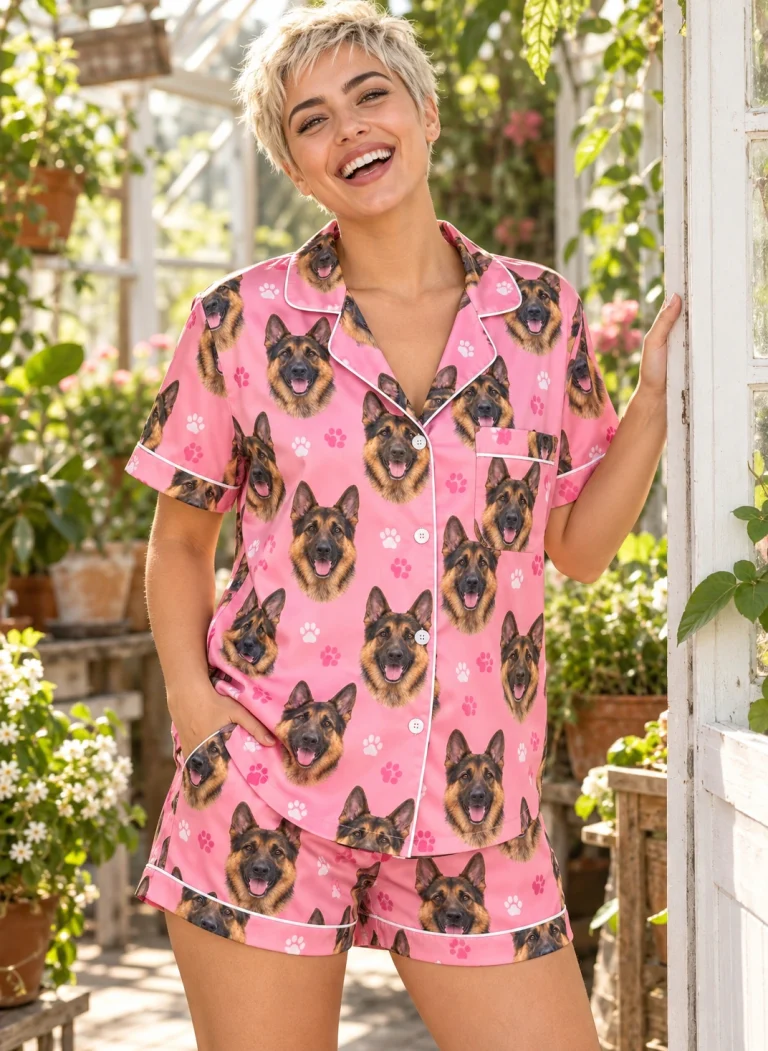 Woman posing in a German shepherd pajama short set, black-and-tan German Shepherd faces on pink paw-print satin — MyDogPics