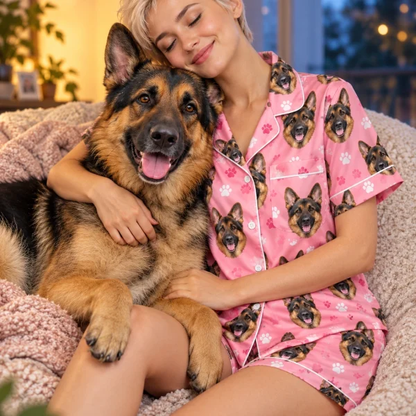 Woman in a German shepherd pajama short set with her German Shepherd — MyDogPics