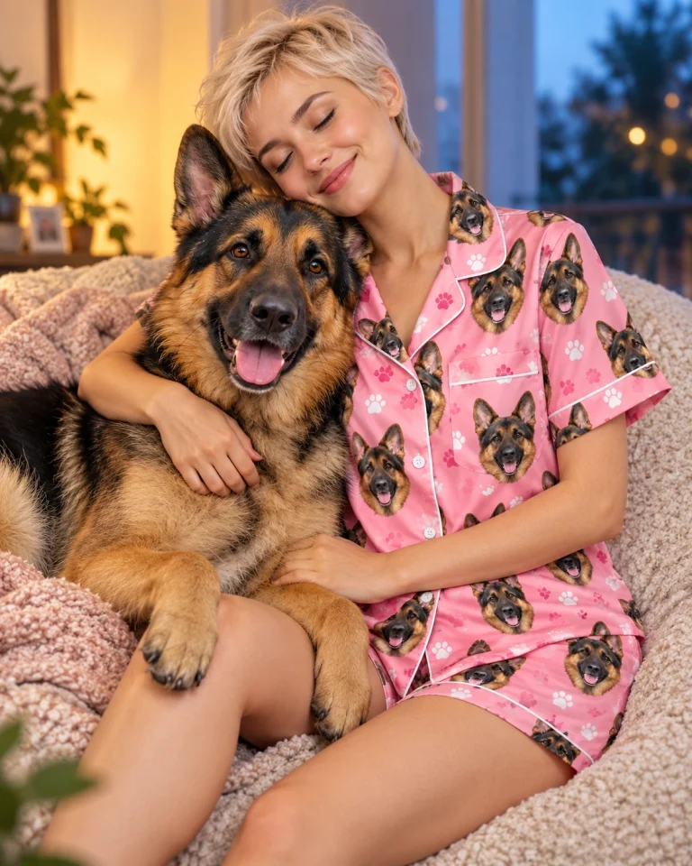 Woman in a German shepherd pajama short set with her German Shepherd — MyDogPics