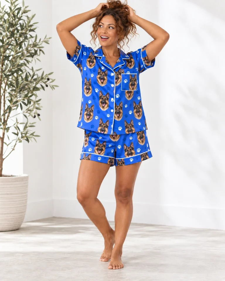 Woman posing in German shepherd pajama shorts, black-and-tan German Shepherd faces on royal blue paw-print satin — MyDogPics