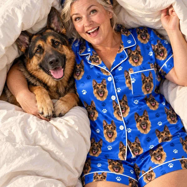 Woman in German shepherd pajama shorts with her German Shepherd — MyDogPics