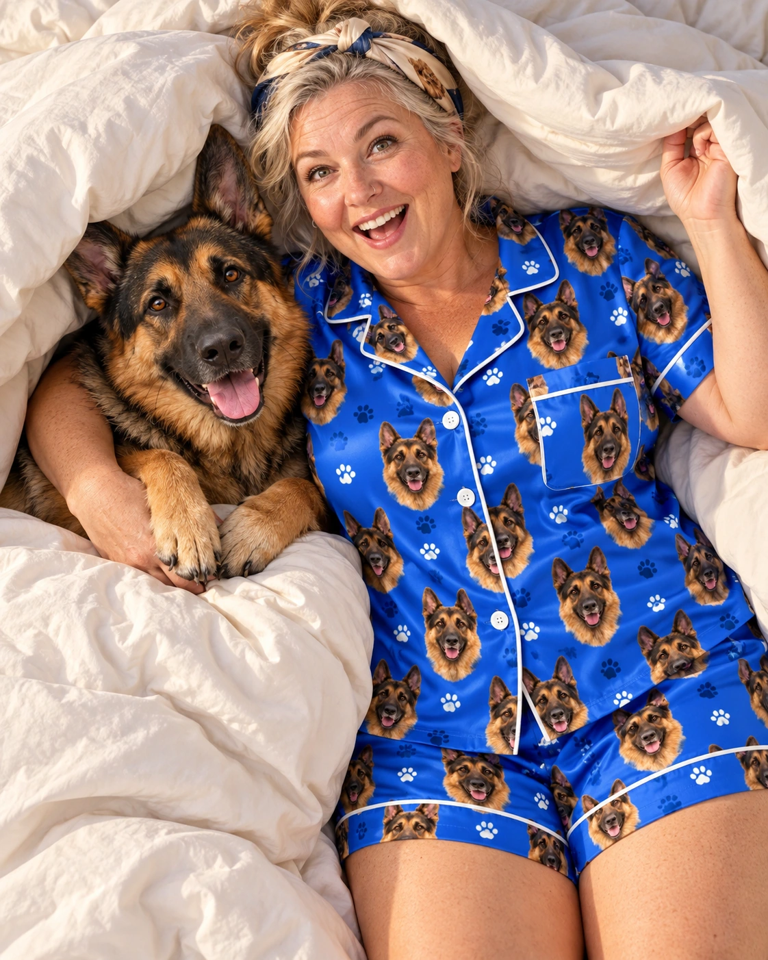 German Shepherd Pajama Shorts – With Dog, Royal Blue Paw-Print | MyDogPics Woman in German shepherd pajama shorts with her German Shepherd — MyDogPics