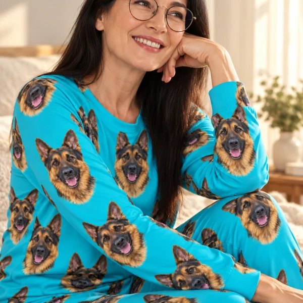 Close-up of the German shepherd pajamas for adults print: black-and-tan German Shepherd faces on teal fabric — MyDogPics