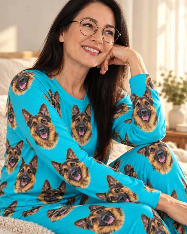 Close-up of the German shepherd pajamas for adults print: black-and-tan German Shepherd faces on teal fabric — MyDogPics
