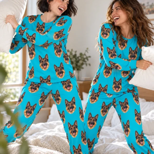 Woman and her friends in matching German shepherd pajamas for adults with black-and-tan German Shepherd faces — MyDogPics