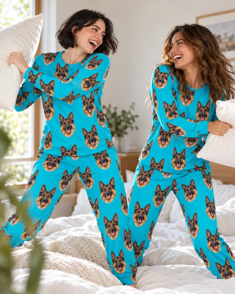 Woman and her friends in matching German shepherd pajamas for adults with black-and-tan German Shepherd faces — MyDogPics