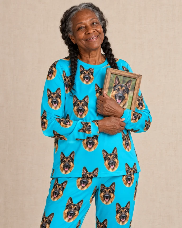 Woman sitting in a German shepherd pajamas for adults covered in black-and-tan German Shepherd faces — MyDogPics