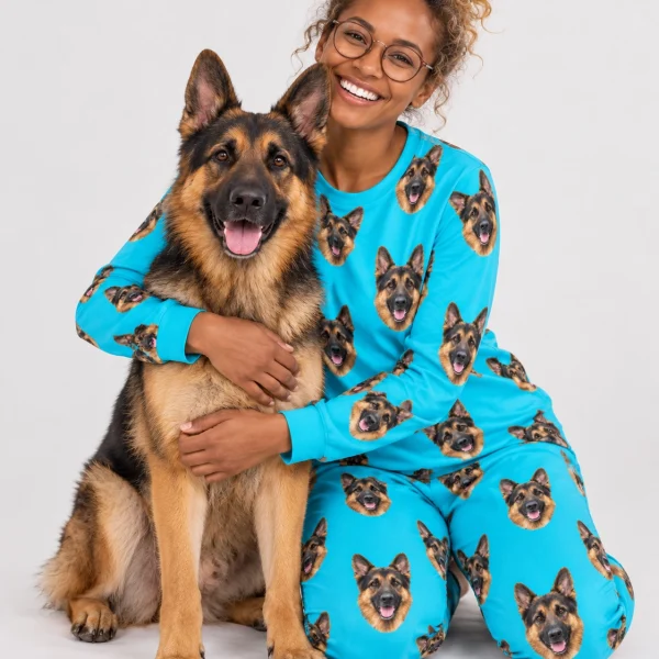 Woman in a German shepherd pajamas for adults with her German Shepherd — MyDogPics