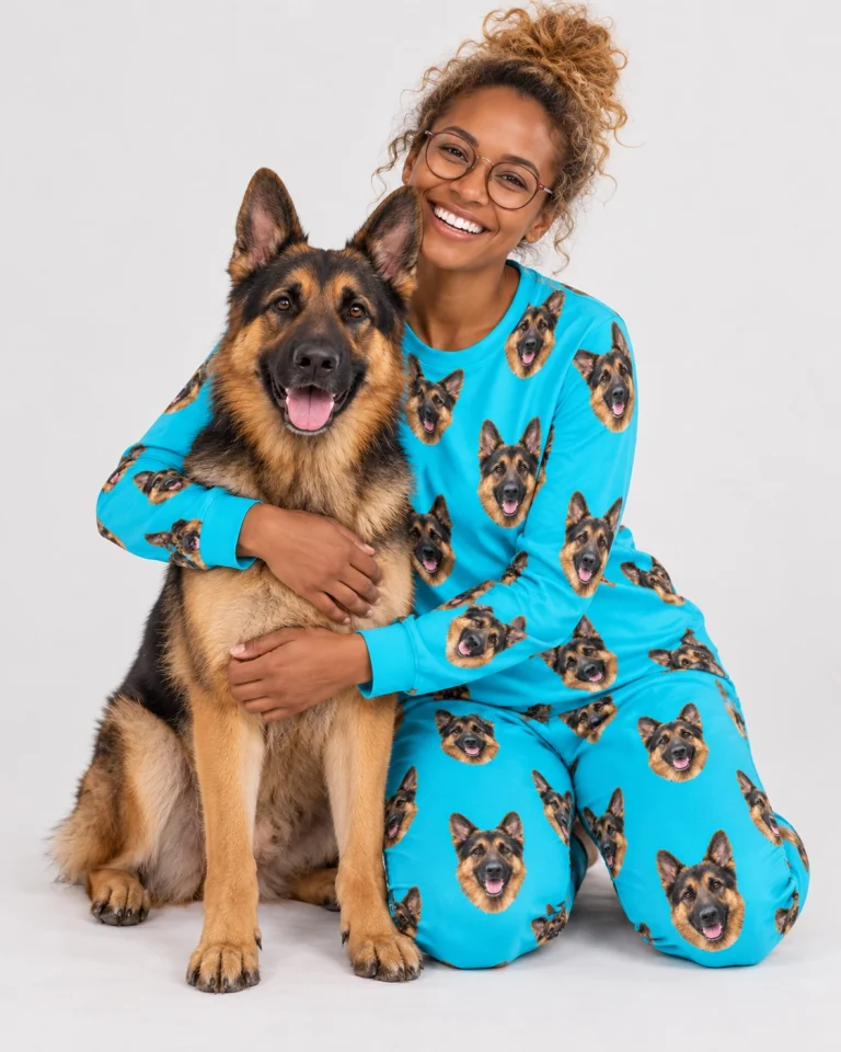 Woman in a German shepherd pajamas for adults with her German Shepherd — MyDogPics