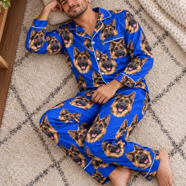 Back view of a German shepherd pajamas for men: the print continues all the way round — MyDogPics