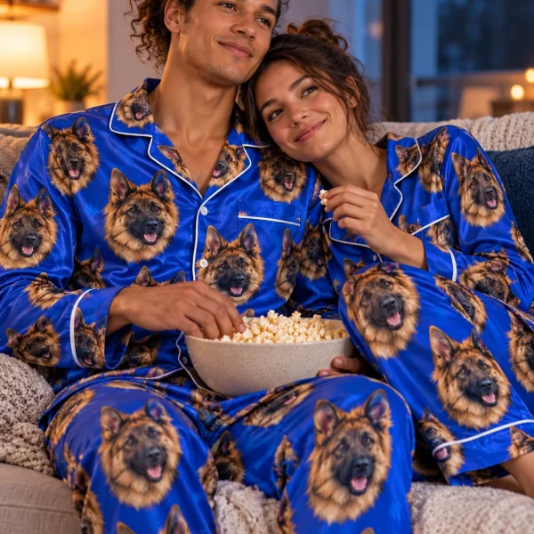 Man and his partner in matching German shepherd pajamas for men with black-and-tan German Shepherd faces — MyDogPics