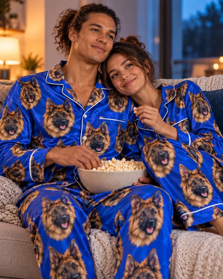 Man and his partner in matching German shepherd pajamas for men with black-and-tan German Shepherd faces — MyDogPics
