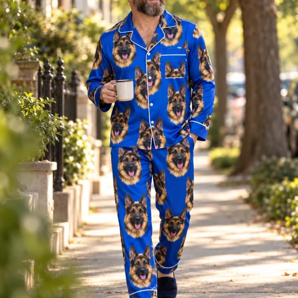 Man posing in a German shepherd pajamas for men, black-and-tan German Shepherd faces on royal blue satin — MyDogPics