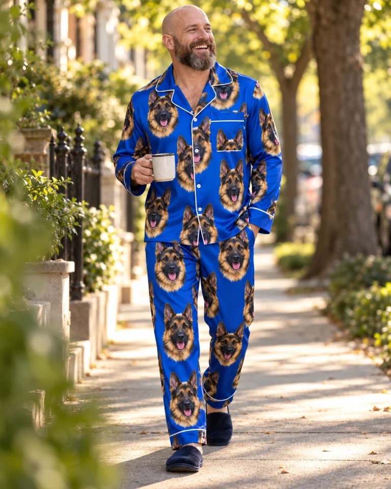 Man posing in a German shepherd pajamas for men, black-and-tan German Shepherd faces on royal blue satin — MyDogPics