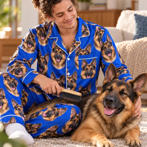 Man in a German shepherd pajamas for men with his German Shepherd — MyDogPics