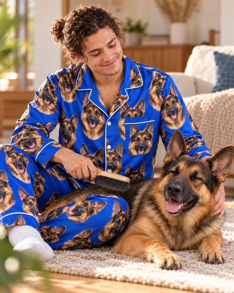 Man in a German shepherd pajamas for men with his German Shepherd — MyDogPics
