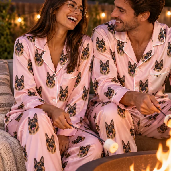 Woman and her partner in matching German shepherd pajamas for women with black-and-tan German Shepherd faces — MyDogPics