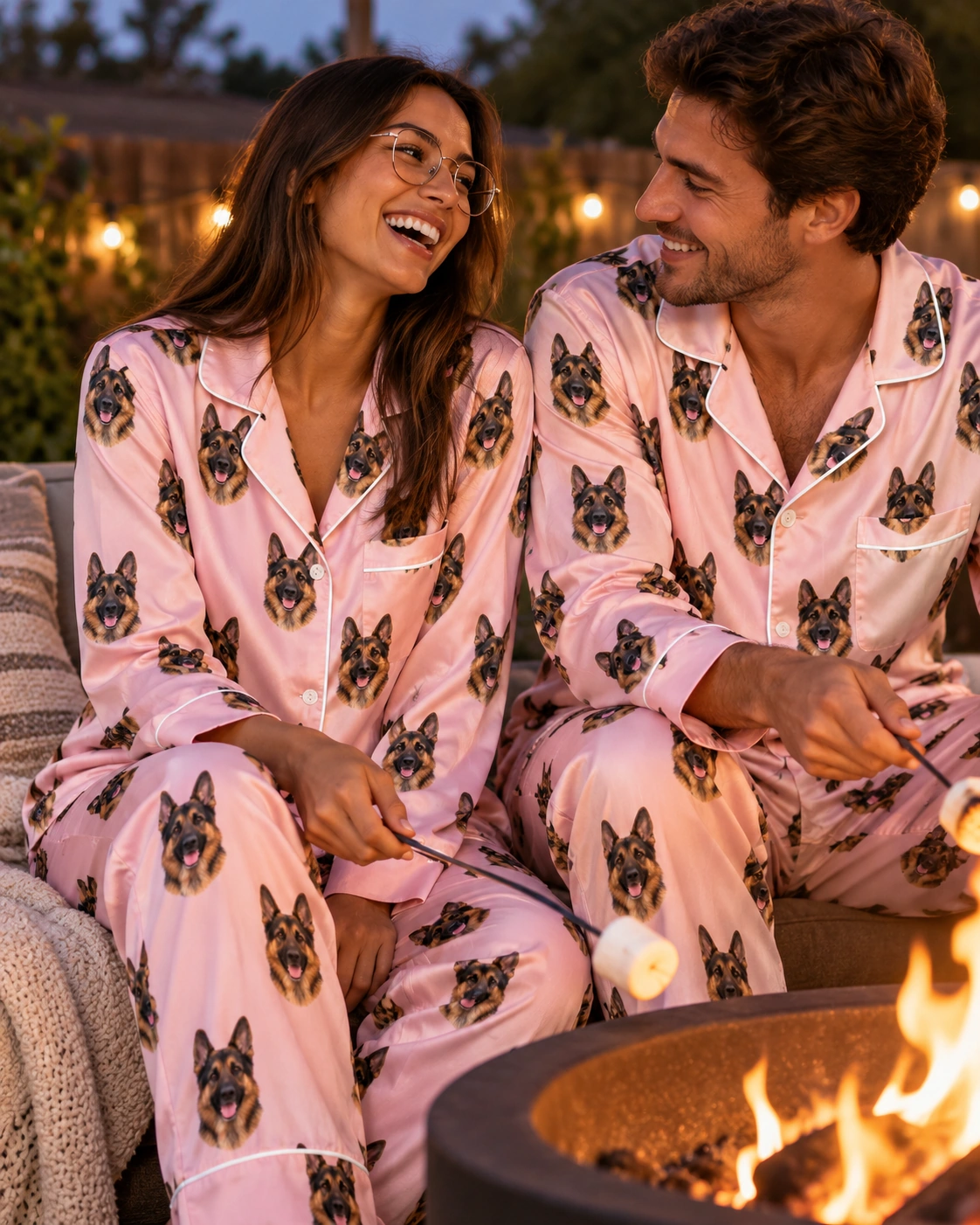German Shepherd Pajamas for Women – Family, Blush Pink | MyDogPics Woman and her partner in matching German shepherd pajamas for women with black-and-tan German Shepherd faces — MyDogPics