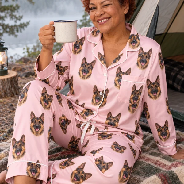 Woman posing in a German shepherd pajamas for women, black-and-tan German Shepherd faces on blush pink satin — MyDogPics
