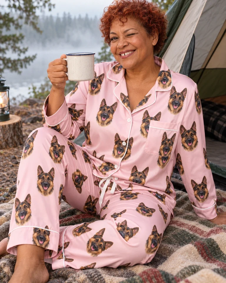Woman posing in a German shepherd pajamas for women, black-and-tan German Shepherd faces on blush pink satin — MyDogPics