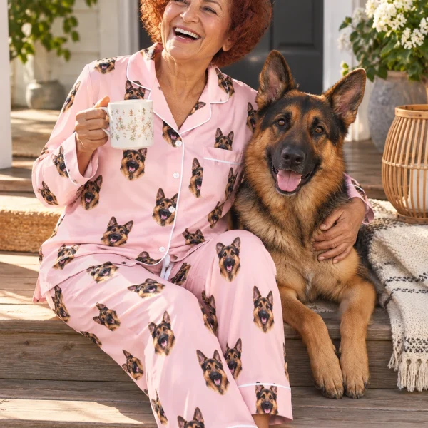 Woman in a German shepherd pajamas for women with her German Shepherd — MyDogPics