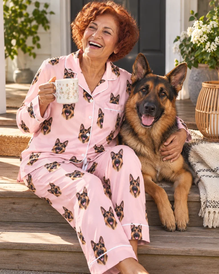 Woman in a German shepherd pajamas for women with her German Shepherd — MyDogPics