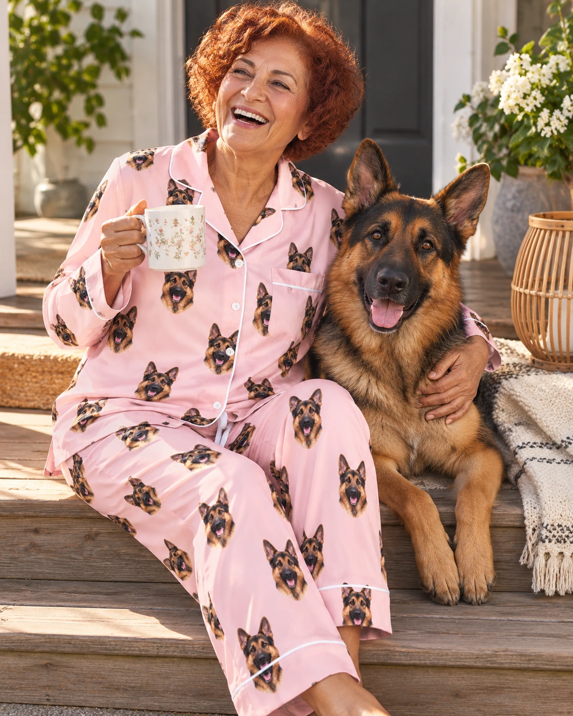 German Shepherd Pajamas for Women – With Dog, Blush Pink | MyDogPics Woman in a German shepherd pajamas for women with her German Shepherd — MyDogPics