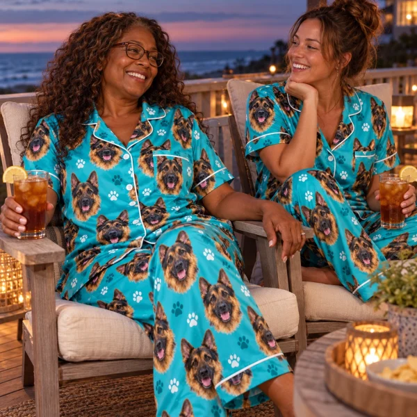 Woman and her partner in matching German shepherd print pajamas with black-and-tan German Shepherd faces — MyDogPics