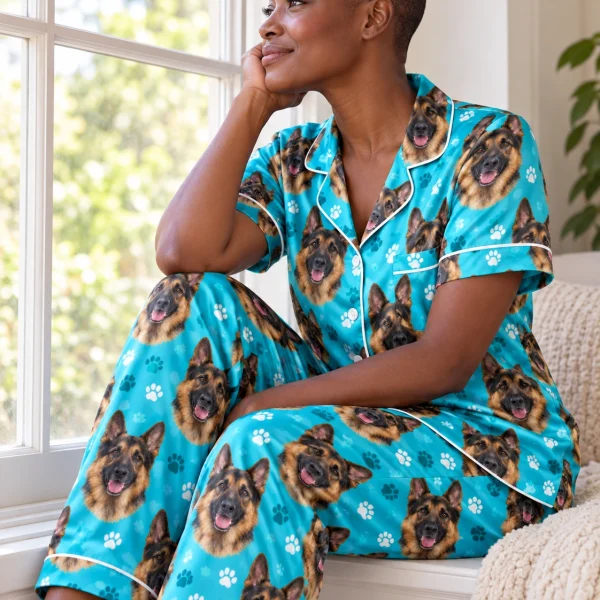 Woman sitting in German shepherd print pajamas covered in black-and-tan German Shepherd faces — MyDogPics