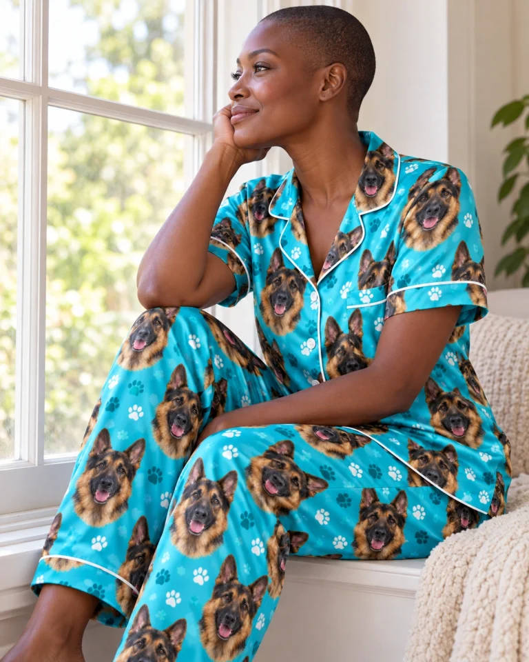 Woman sitting in German shepherd print pajamas covered in black-and-tan German Shepherd faces — MyDogPics