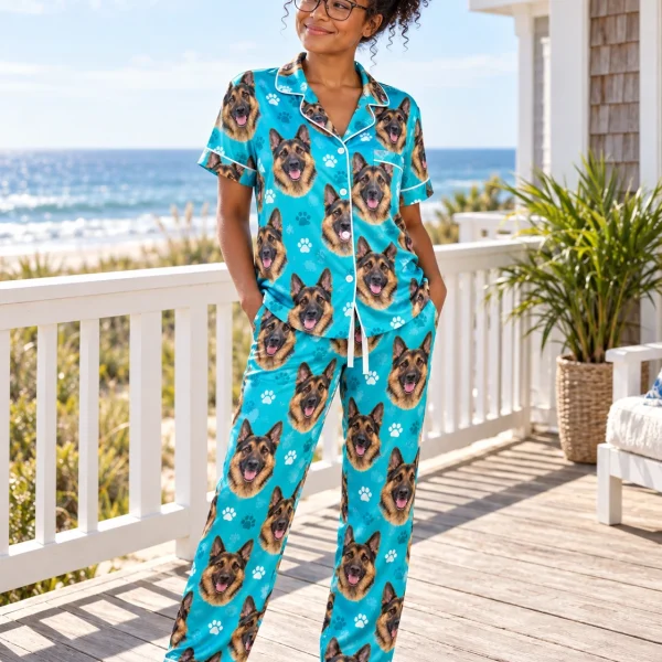 Woman sitting in German shepherd print pajamas covered in black-and-tan German Shepherd faces — MyDogPics