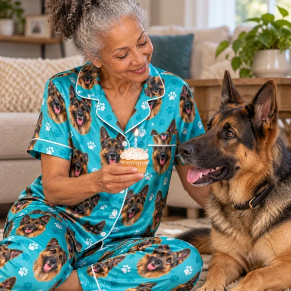 Woman in German shepherd print pajamas with her German Shepherd — MyDogPics