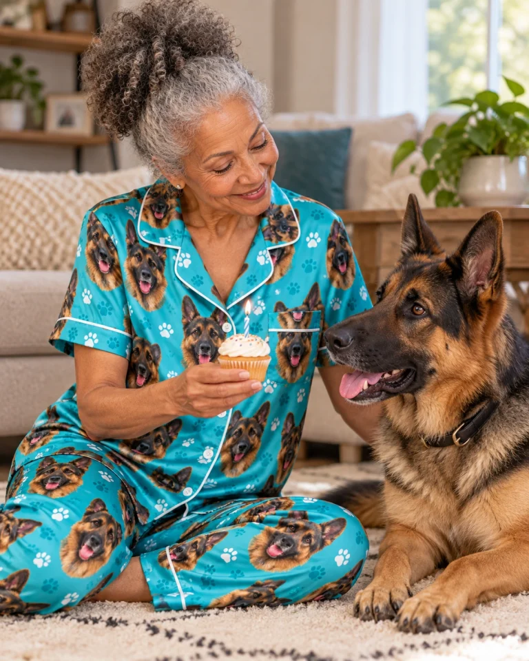 Woman in German shepherd print pajamas with her German Shepherd — MyDogPics