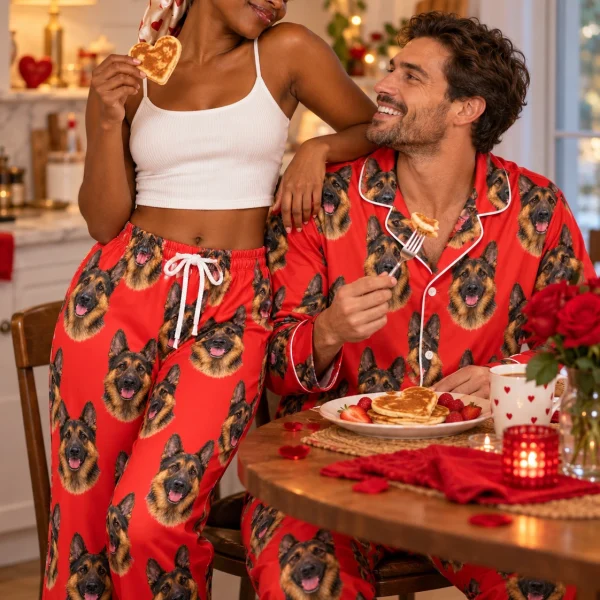 Woman and her partner in matching German shepherd Valentine pajamas with black-and-tan German Shepherd faces — MyDogPics