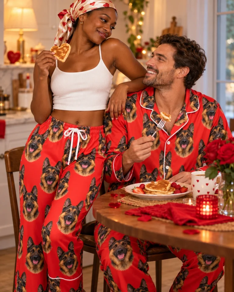 Woman and her partner in matching German shepherd Valentine pajamas with black-and-tan German Shepherd faces — MyDogPics