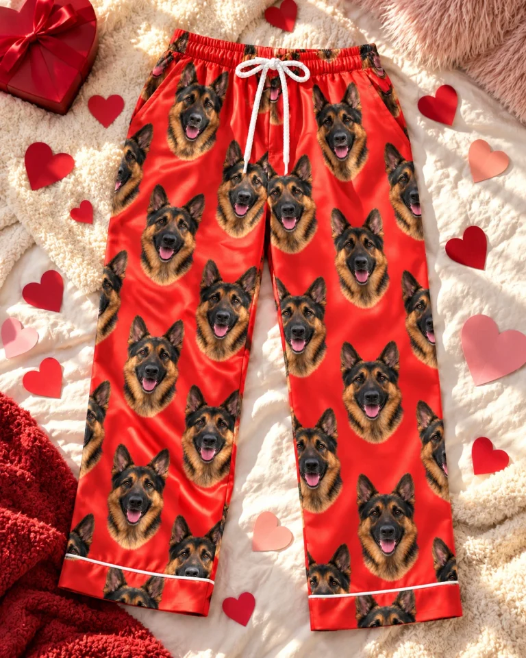 Flat lay of German shepherd Valentine pajamas: pants covered in black-and-tan German Shepherd faces — MyDogPics