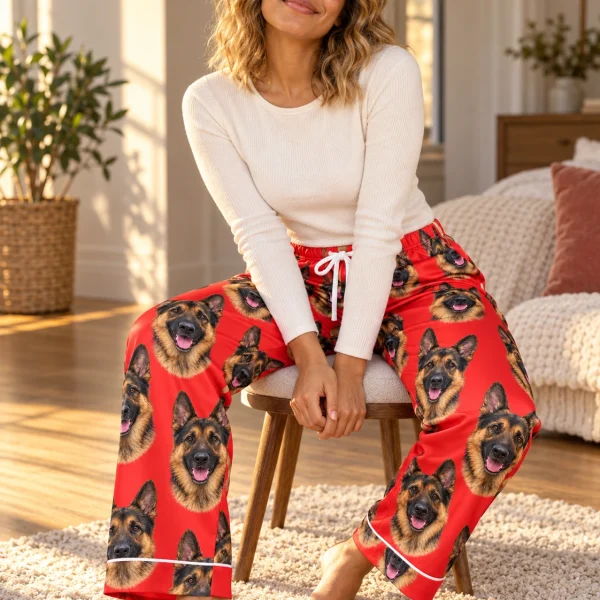 Woman sitting in German shepherd Valentine pajamas covered in black-and-tan German Shepherd faces — MyDogPics