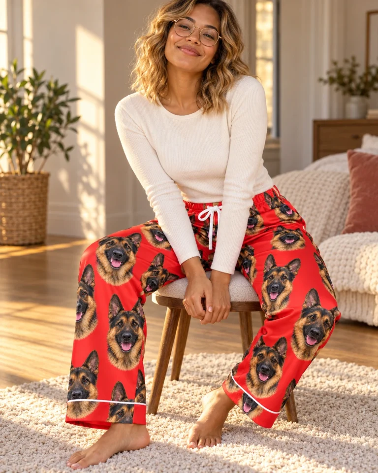 Woman sitting in German shepherd Valentine pajamas covered in black-and-tan German Shepherd faces — MyDogPics