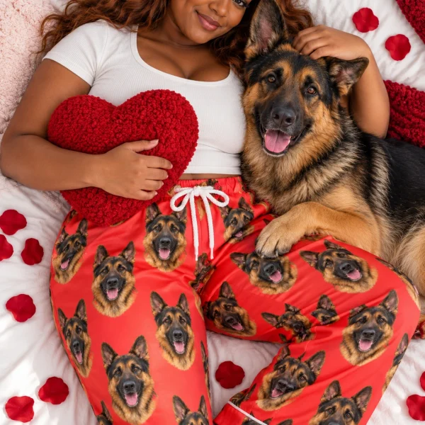 Woman in German shepherd Valentine pajamas with her German Shepherd — MyDogPics