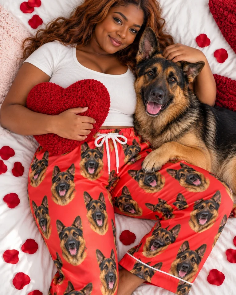 Woman in German shepherd Valentine pajamas with her German Shepherd — MyDogPics