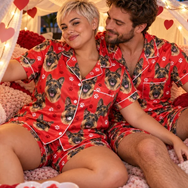 Woman and her partner in matching German shepherd Valentines day pajama set — MyDogPics